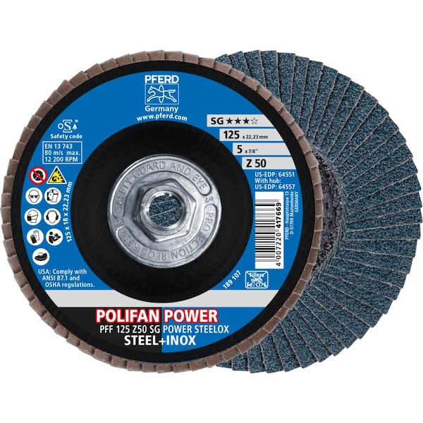 Pferd Flap Disc, 5''x5/8-11, Z SG POWER STEELOX, 50 Grit, T27, Flat, Zirconia 64557 - main